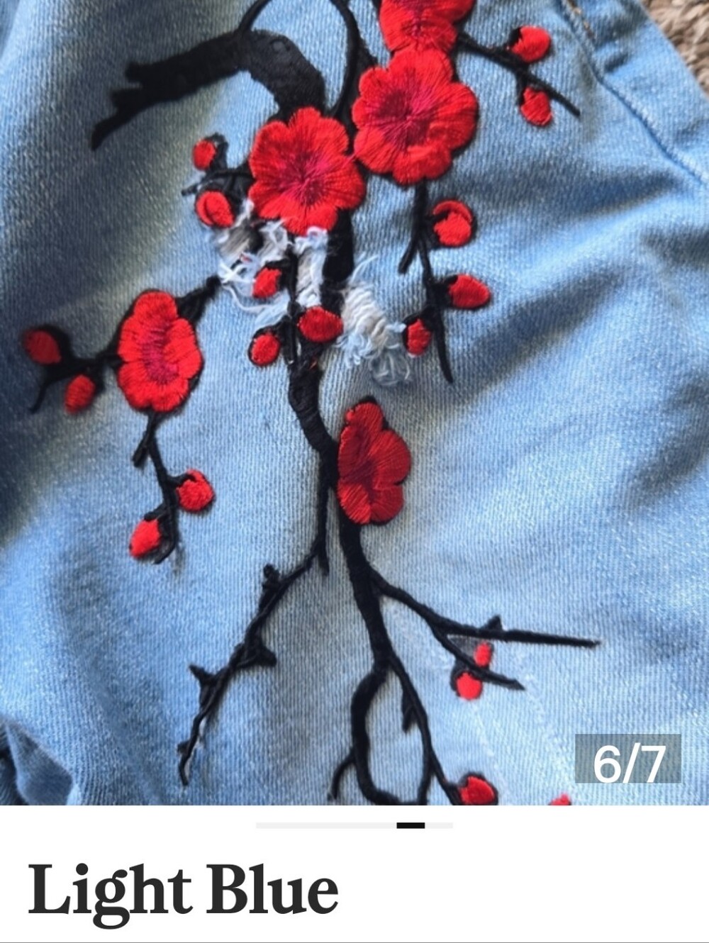 Light Blue Embroidered Floral Skinny Jeans - Red Blossom Detail